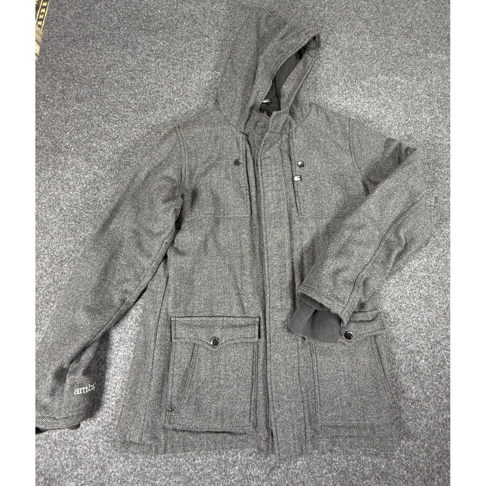 Ambigous Jacket Mens Medium Gray Herringbone Hooded Wool‎ Blend Casual Coat